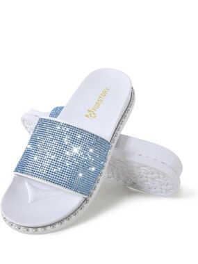 Sparkling Blue Slide Sandals - Women's Rhinestone Slides